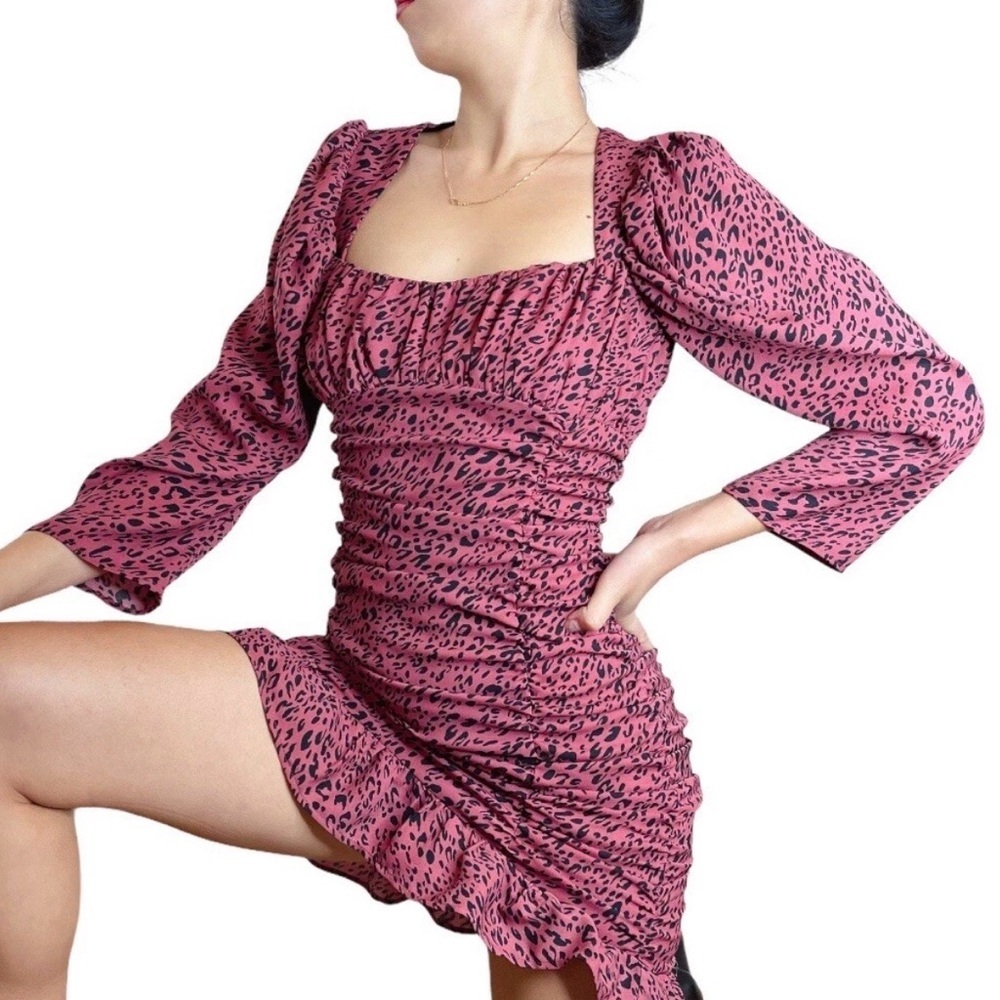 Zara ruched pink Marsala animal print dress size XS 1165160